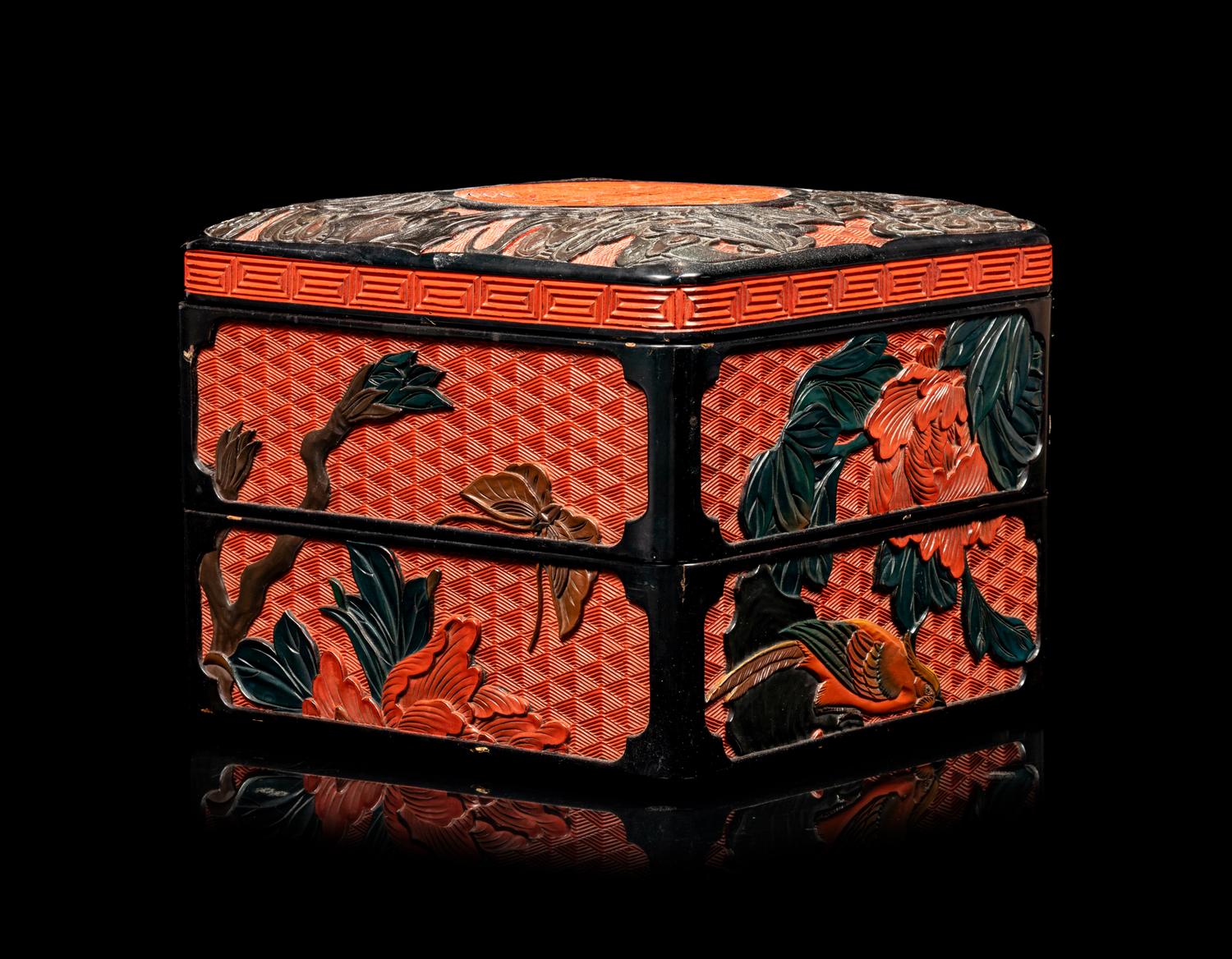 A Chinese Carved Lacquer Square Box and Cover