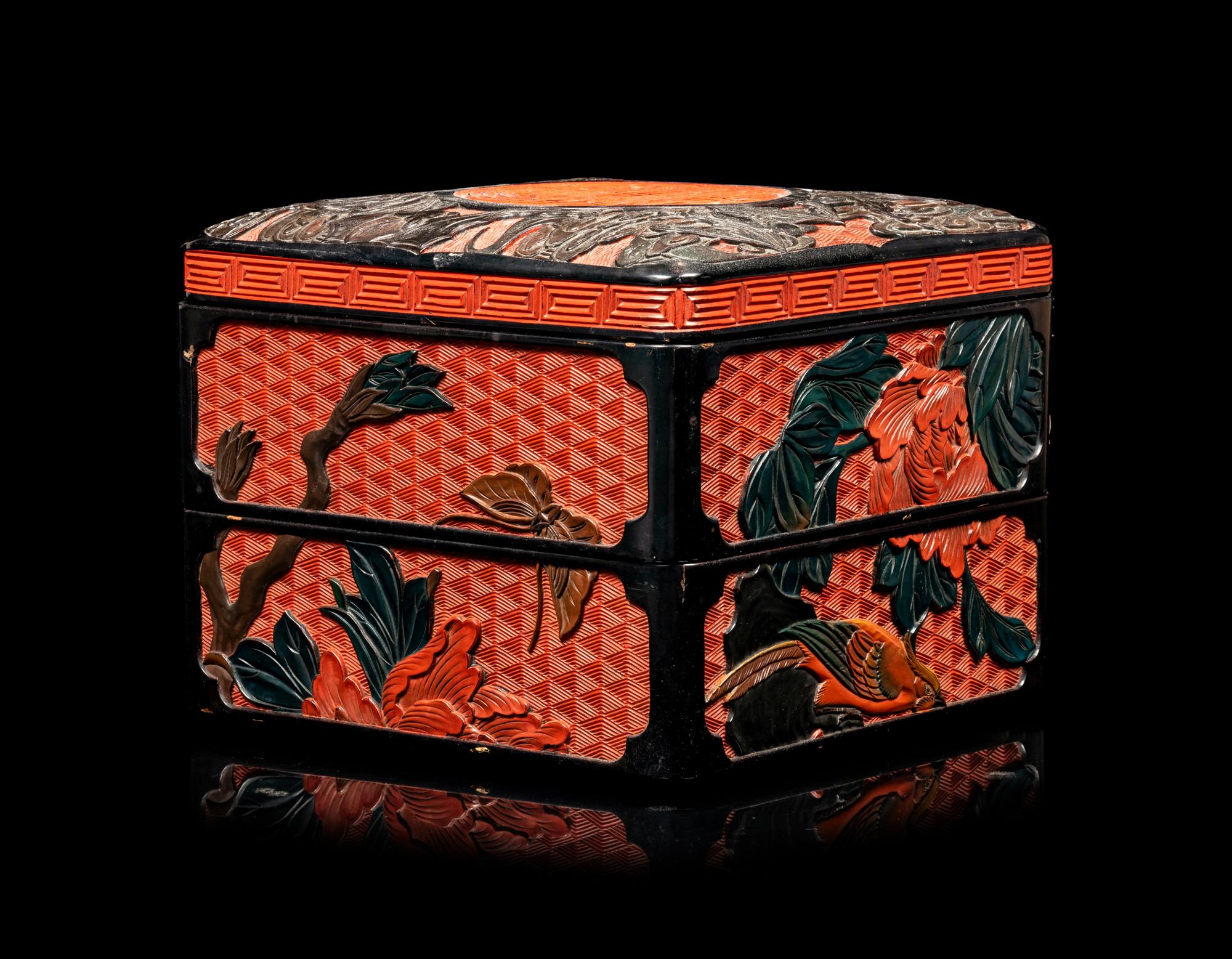 A Chinese Carved Lacquer Square Box and Cover