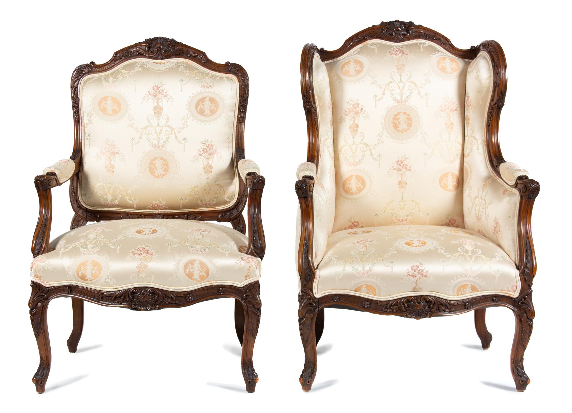 Two Louis XV Style Carved Walnut Armchairs Height of taller 44 1/4 inches. — 19TH CENTURY