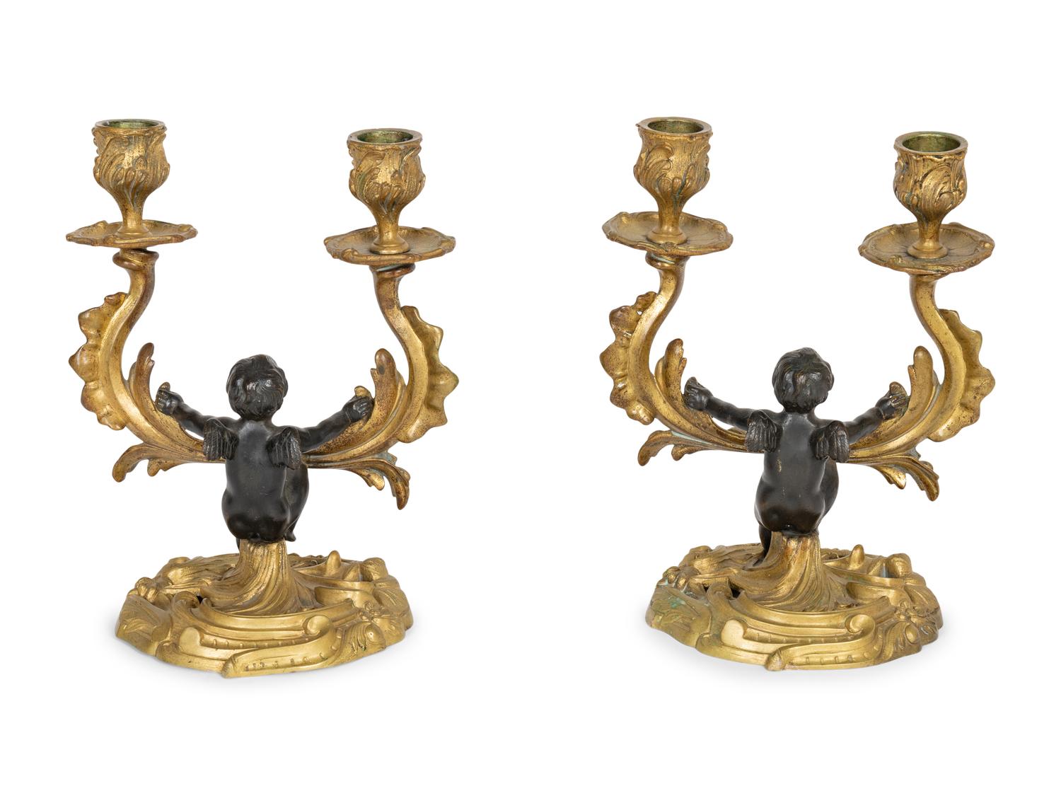 A Pair of Louis XV Style Gilt and Painted Bronze Two-Light Candelabra