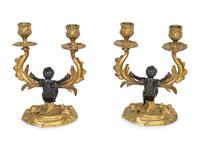 A Pair of Louis XV Style Gilt and Painted Bronze Two-Light Candelabra