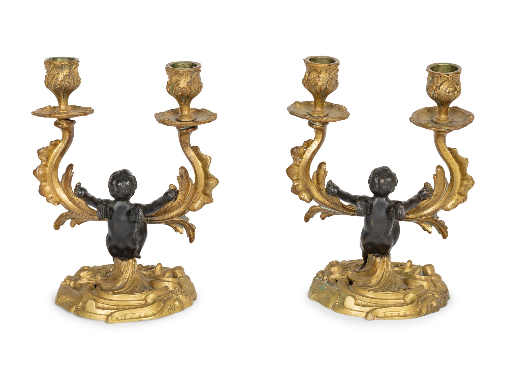 A Pair of Louis XV Style Gilt and Painted Bronze Two-Light Candelabra
