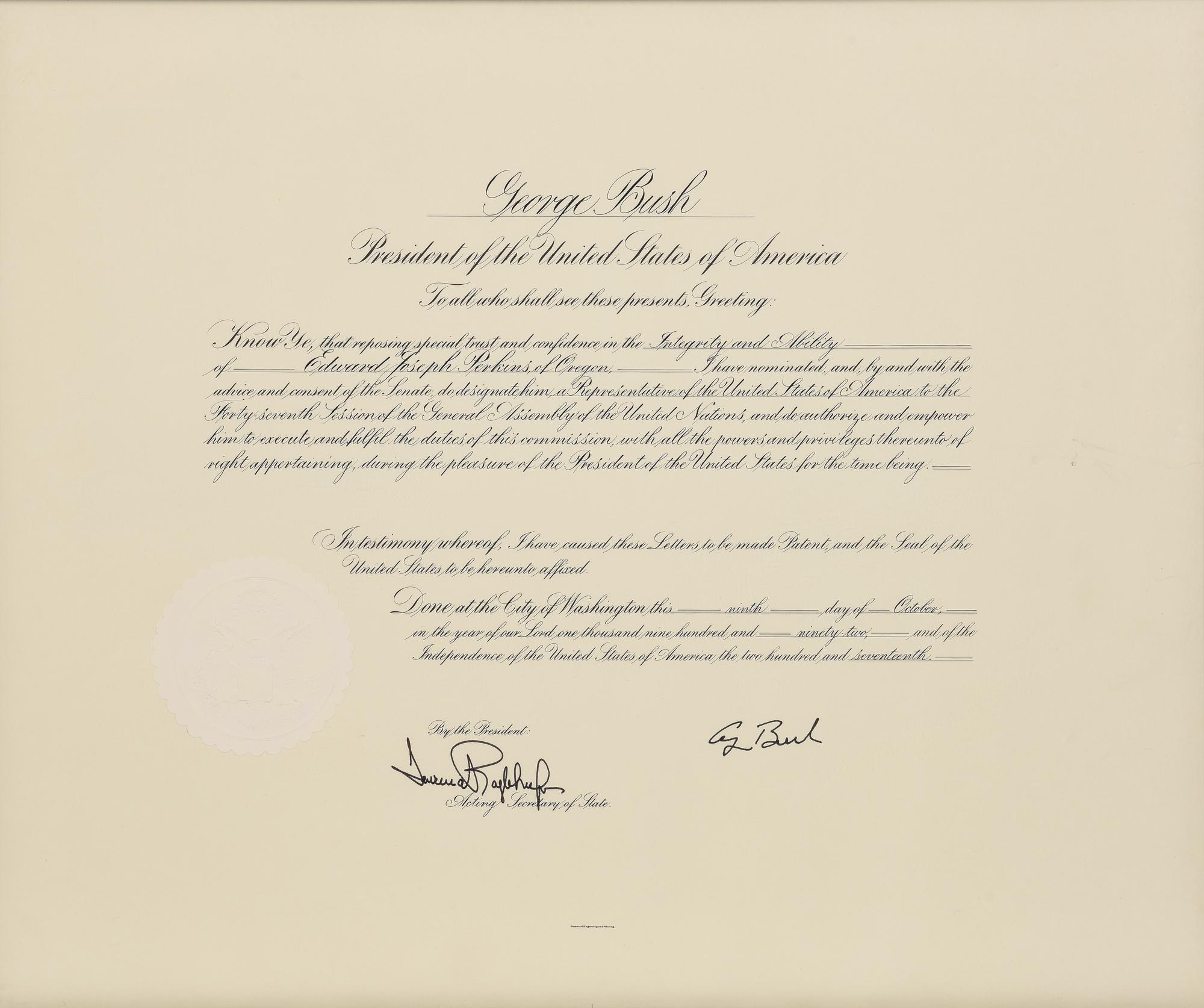 [POLITICS]. [PERKINS, Edward Joseph (1928-2020)]. A group of 9 appointments by Presidents Reagan, Bush, Clinton, and Bush to Perkins, presumably with secretarial or facsimile signatures, including: