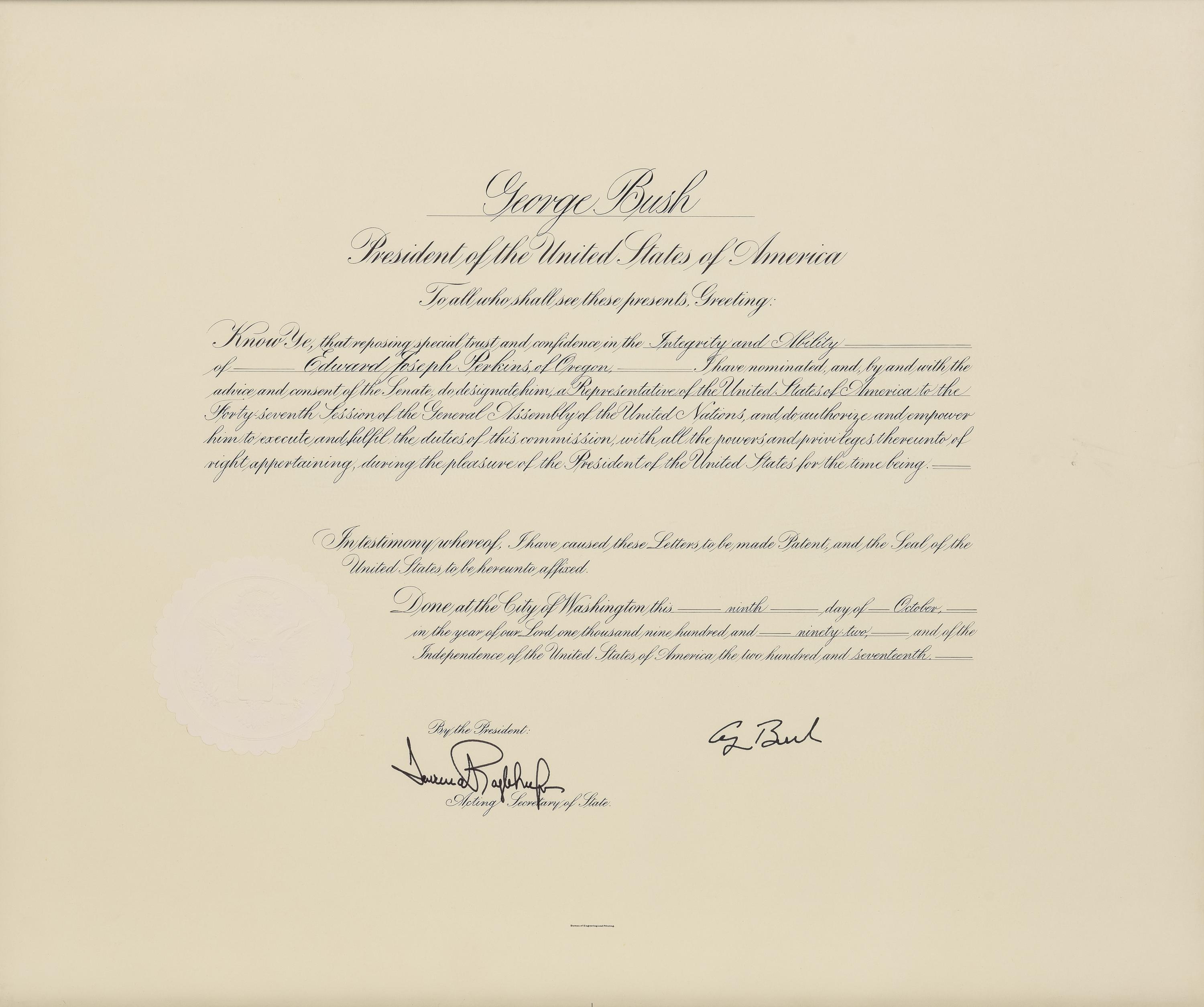 [POLITICS]. [PERKINS, Edward Joseph (1928-2020)]. A group of 9 appointments by Presidents Reagan, Bush, Clinton, and Bush to Perkins, presumably with secretarial or facsimile signatures, including: