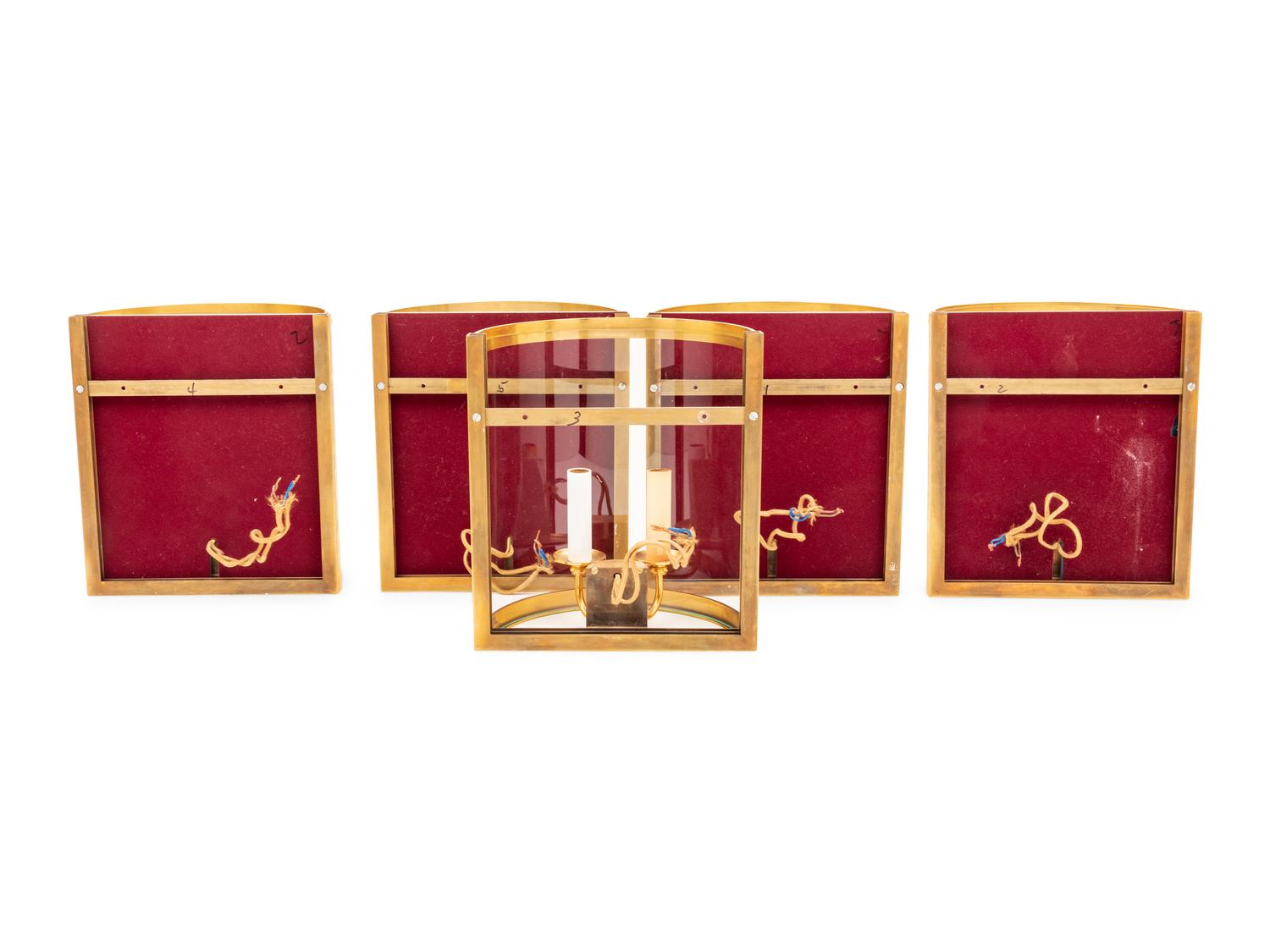 A Set of Five Brass and Glass Wall Lights