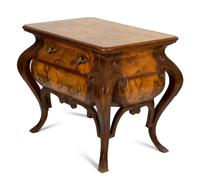 A Continental Gilt Metal Mounted Olivewood and Mahogany Bombé Commode