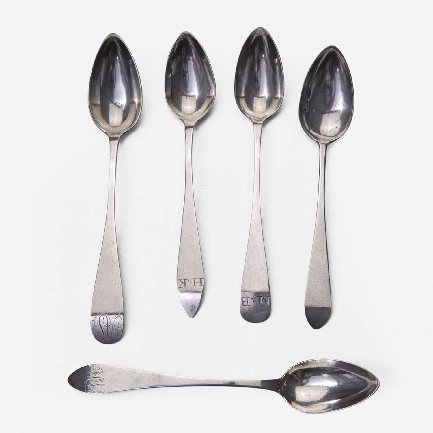 A large collection of twenty-five bird-back and fancy-back teaspoons Various makers, Lancaster, Reading, Philadelphia, PA, and Burlington, NJ, circa 1780-1820