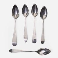 A large collection of twenty-five bird-back and fancy-back teaspoons Various makers, Lancaster, Reading, Philadelphia, PA, and Burlington, NJ, circa 1780-1820