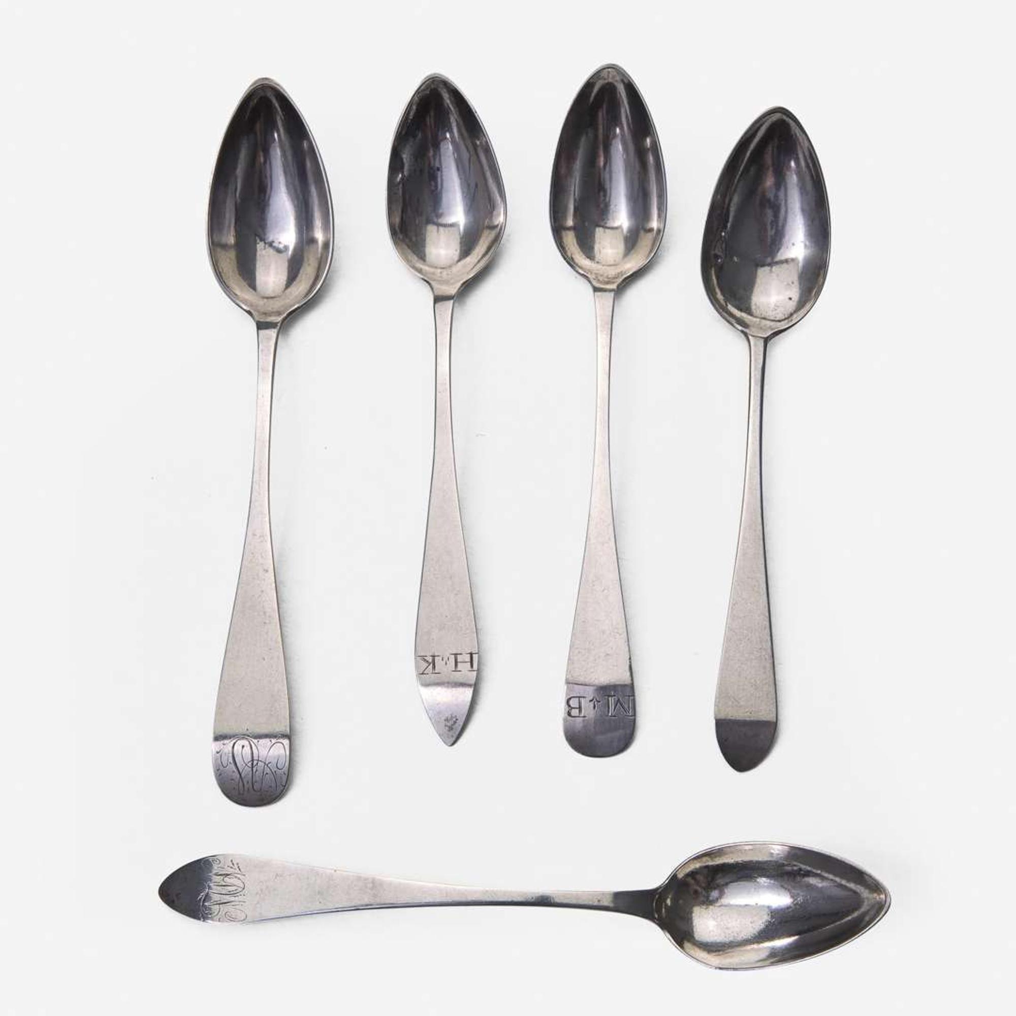 A large collection of twenty-five bird-back and fancy-back teaspoons Various makers, Lancaster, Reading, Philadelphia, PA, and Burlington, NJ, circa 1780-1820