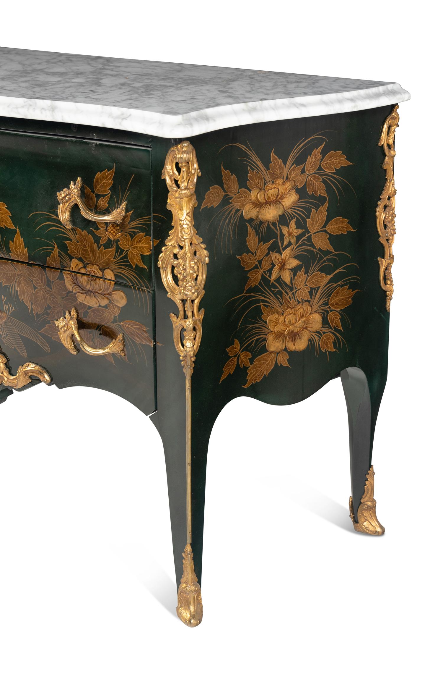 A Pair of Louis XV Style Gilt Bronze Mounted Painted Commodes