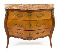 A Louis XV Style Bookmatch Veneered Commode Height 35 x width 42 1/2 x depth 20 inches. — 20TH CENTURY