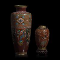 Two "Aventurine" Ground Japanese Goldstone Cloisonné Vases, Meiji Period