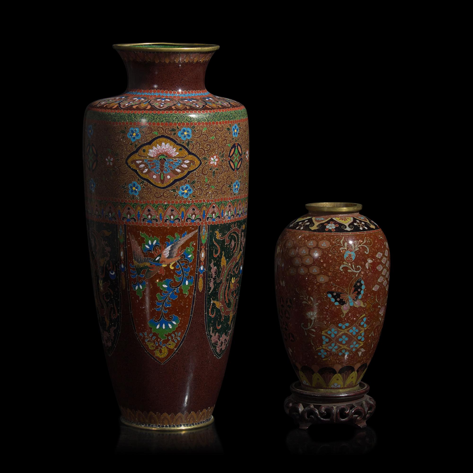 Two "Aventurine" Ground Japanese Goldstone Cloisonné Vases, Meiji Period
