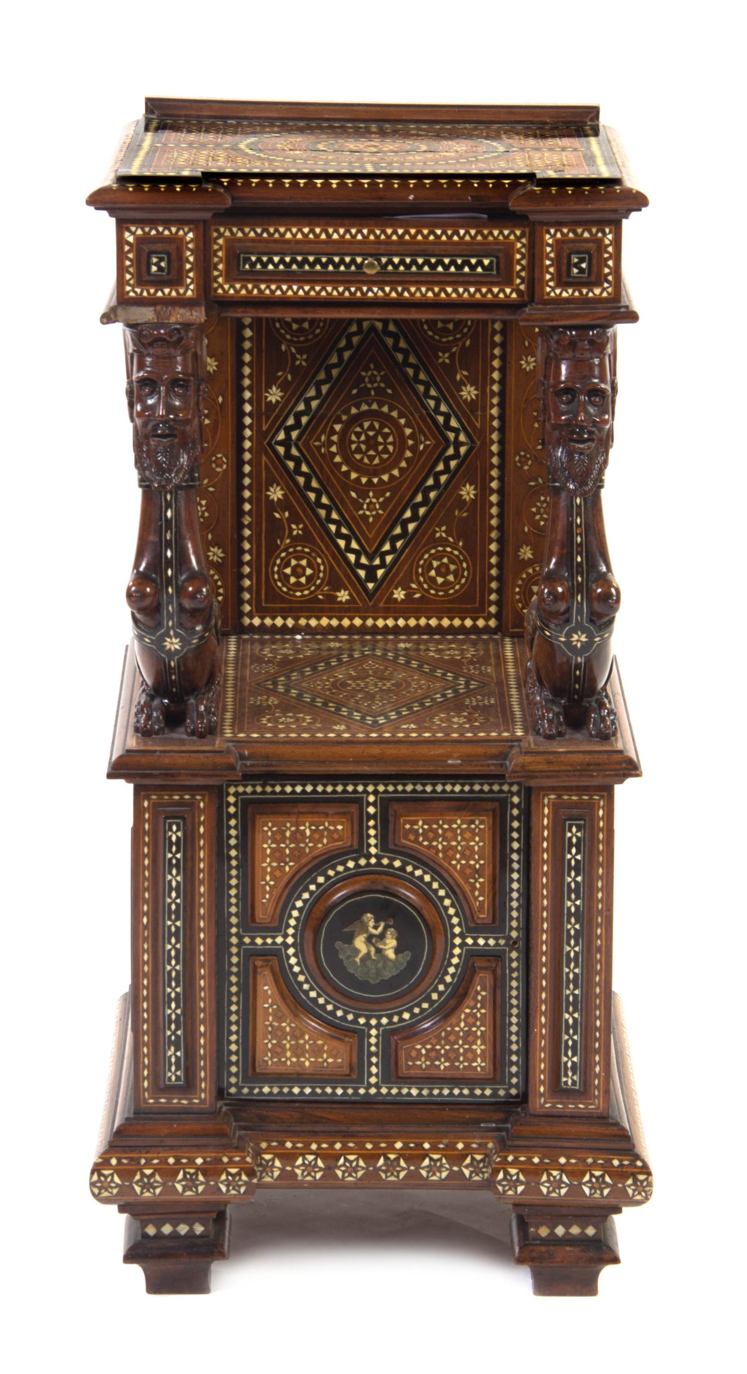 A North Italian Marquetry Side Table, LATE 19TH CENTURY, Height 37 1/2 x width 17 1/4 x depth 15 7/8 inches. — LATE 19TH CENTURY,