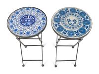 A Pair of Small Metal Folding Tables with Inset Blue and White Tiles