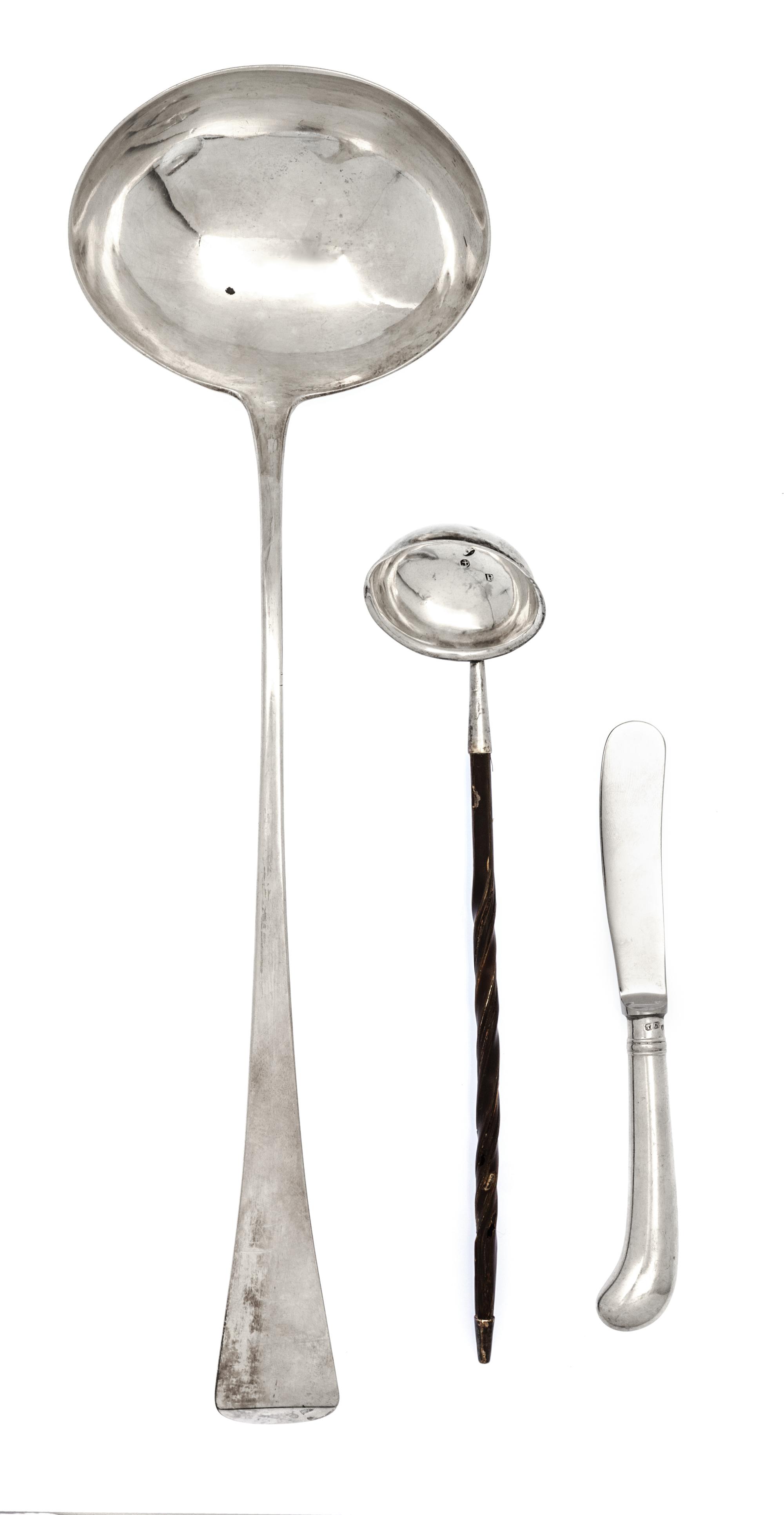 Two English Silver Ladles, 19th Century, comprising a soup ladle, Samuel Godbehere, Edward Wigan & James Boult, London, 1907 and a todd