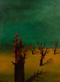 Harold Noecker, (American, 1912-2002), Surrealist Landscape (Red Trees), c. 1957