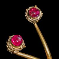 A Pair of Chinese Ruby Inset Gold 'Chrysanthemum' Earrings, Dingxiang, Ming Dynasty 明 金嵌寳花頭丁香一對