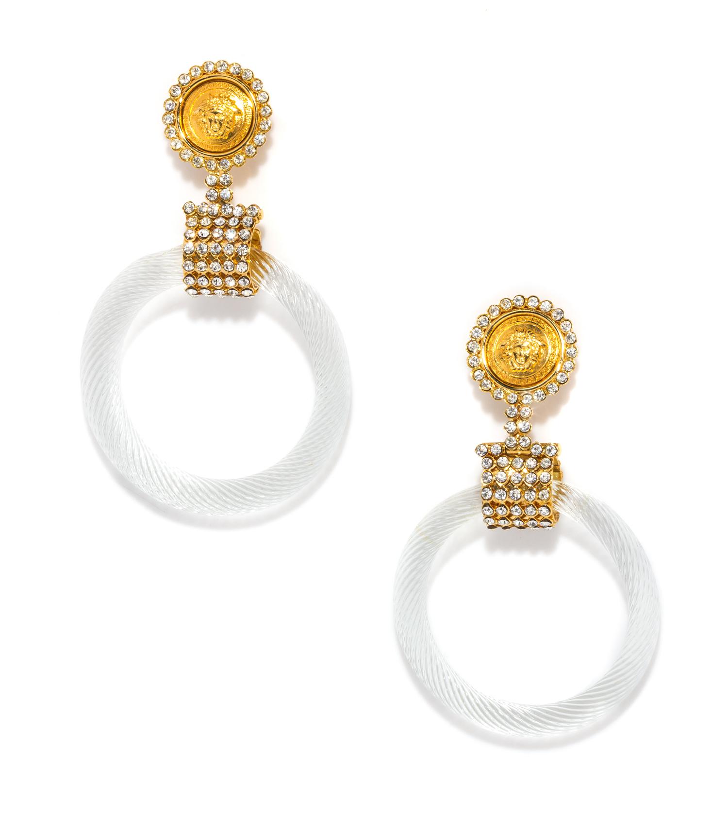 A Pair of Gianni Versace Medusa and Glass Drop Earclips, Medallion: 1.25" x 1.25"; Drop: 4.75".