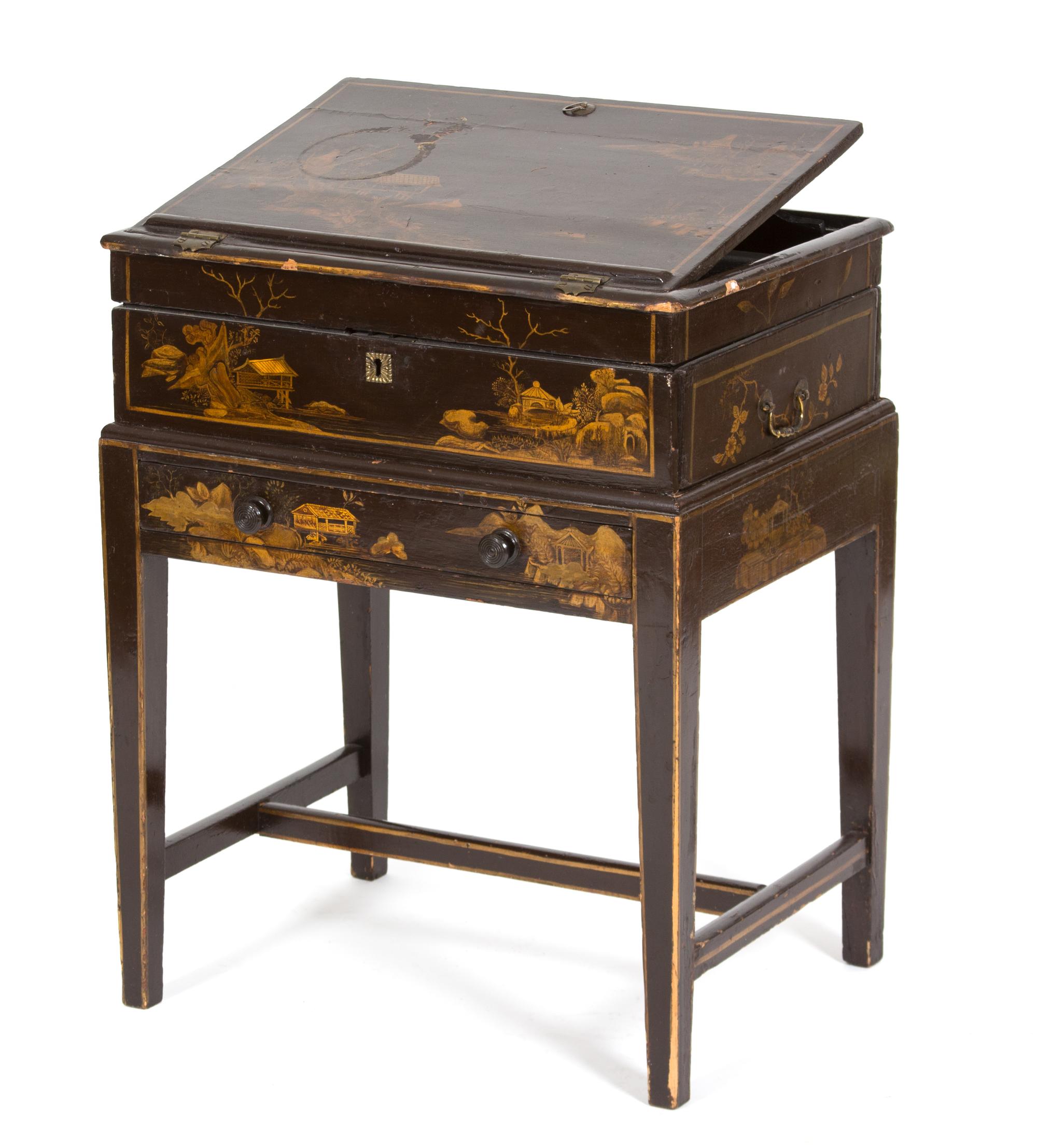 A Chinese Brown and Gilt Lacquer Writing Desk on Stand Height 28 1/4 x width 23 x depth 16 3/4 inches. — LATE 19TH CENTURY