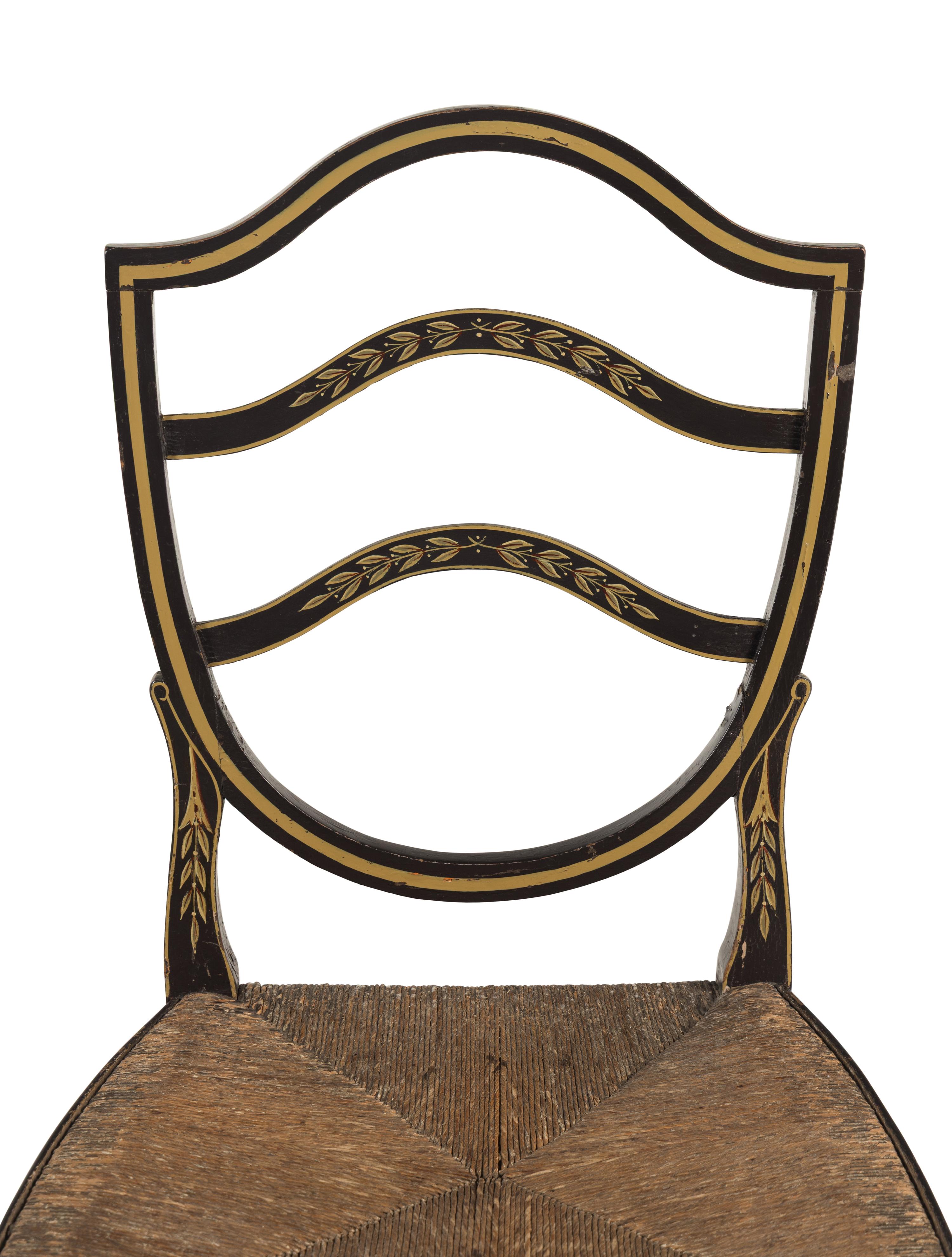 A Set of Four Stencil-Decorated Rush-Seat Side Chairs