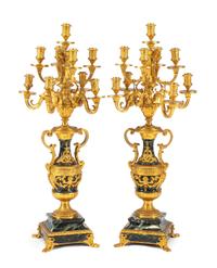 A Pair of French Gilt Bronze and Marble Nine-Light Candelabra Height 34 1/2 inches. — 20TH CENTURY