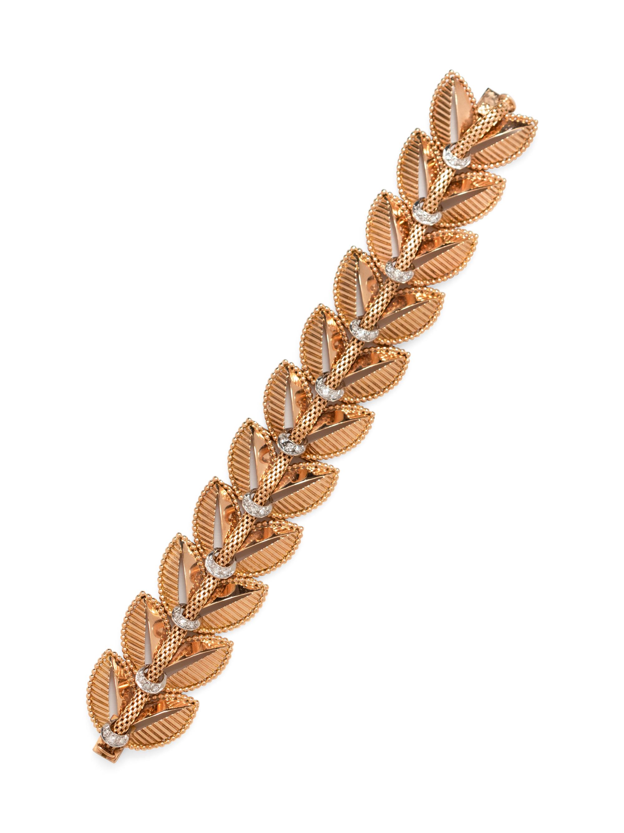 A Retro Yellow Gold, Platinum and Diamond Leaf Motif Bracelet,