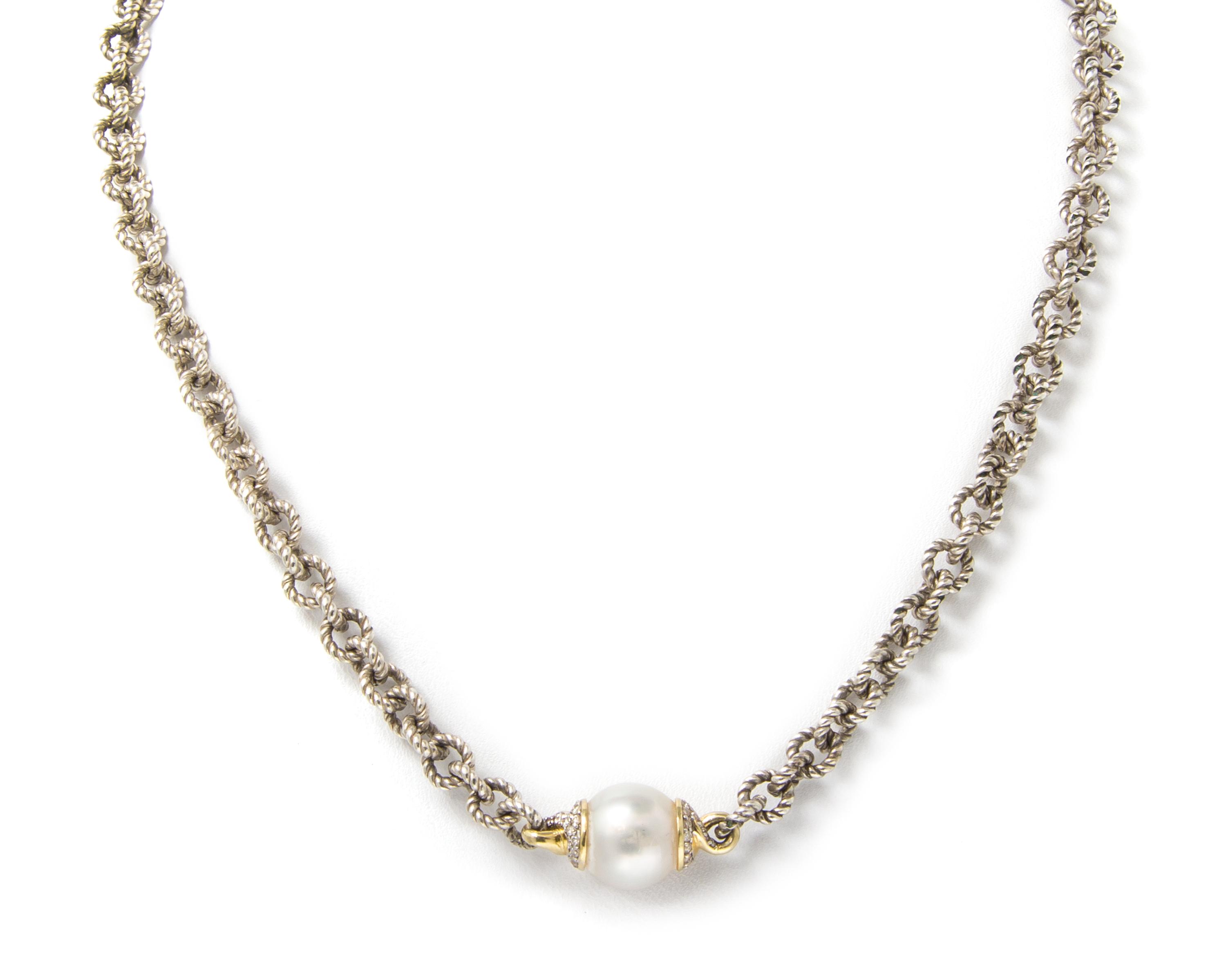 A Sterling, 18 Karat Yellow Gold, Cultured Pearl and Diamond Necklace, David Yurman, 19.70 dwts.