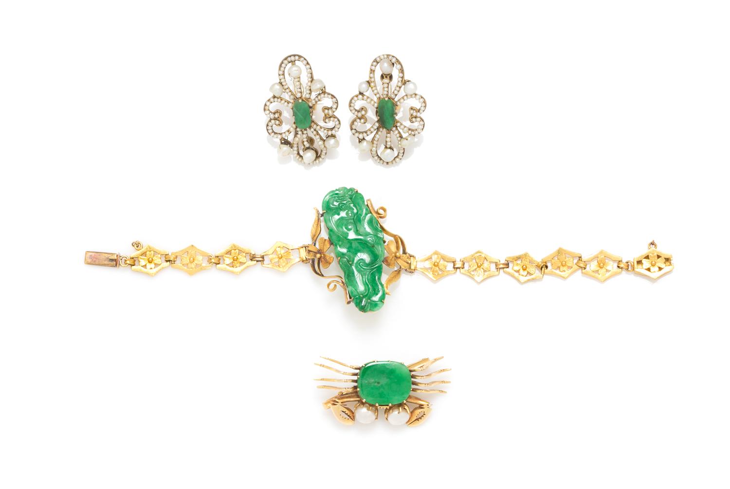 A Collection of High Karat Yellow Gold, Gilt Metal, Jade and Cultured Pearl Jewelry, 19.60 dwts.