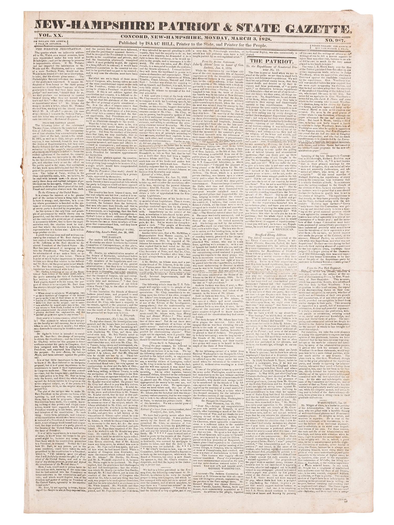 [WAR OF 1812]. New Hampshire Patriot and State Gazette . Concord, NH: 3 March 1828. Newspaper and single sheet supplement announcing Andrew Jackson's execution of six militia men.