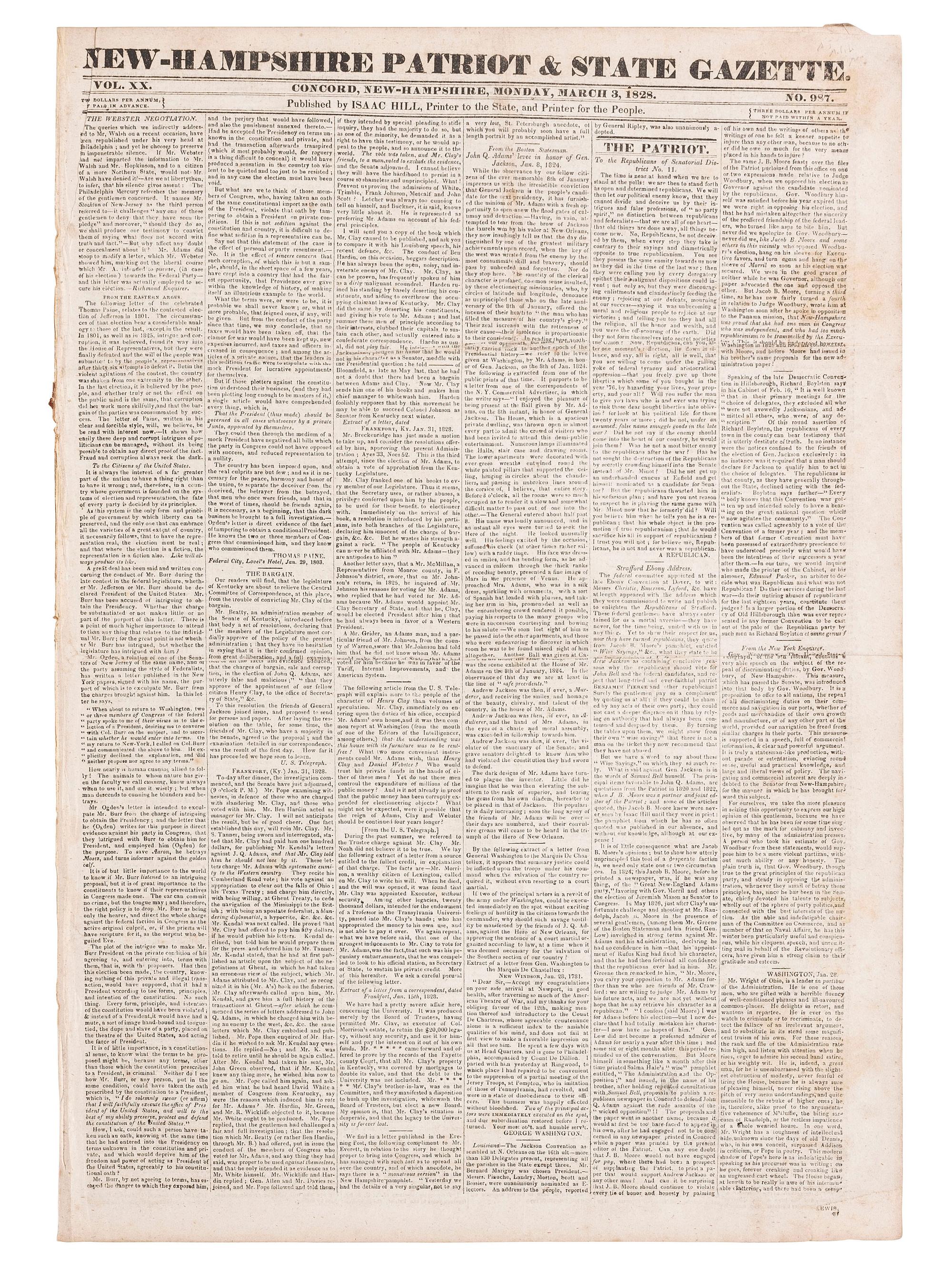 [WAR OF 1812]. New Hampshire Patriot and State Gazette . Concord, NH: 3 March 1828. Newspaper and single sheet supplement announcing Andrew Jackson's execution of six militia men.