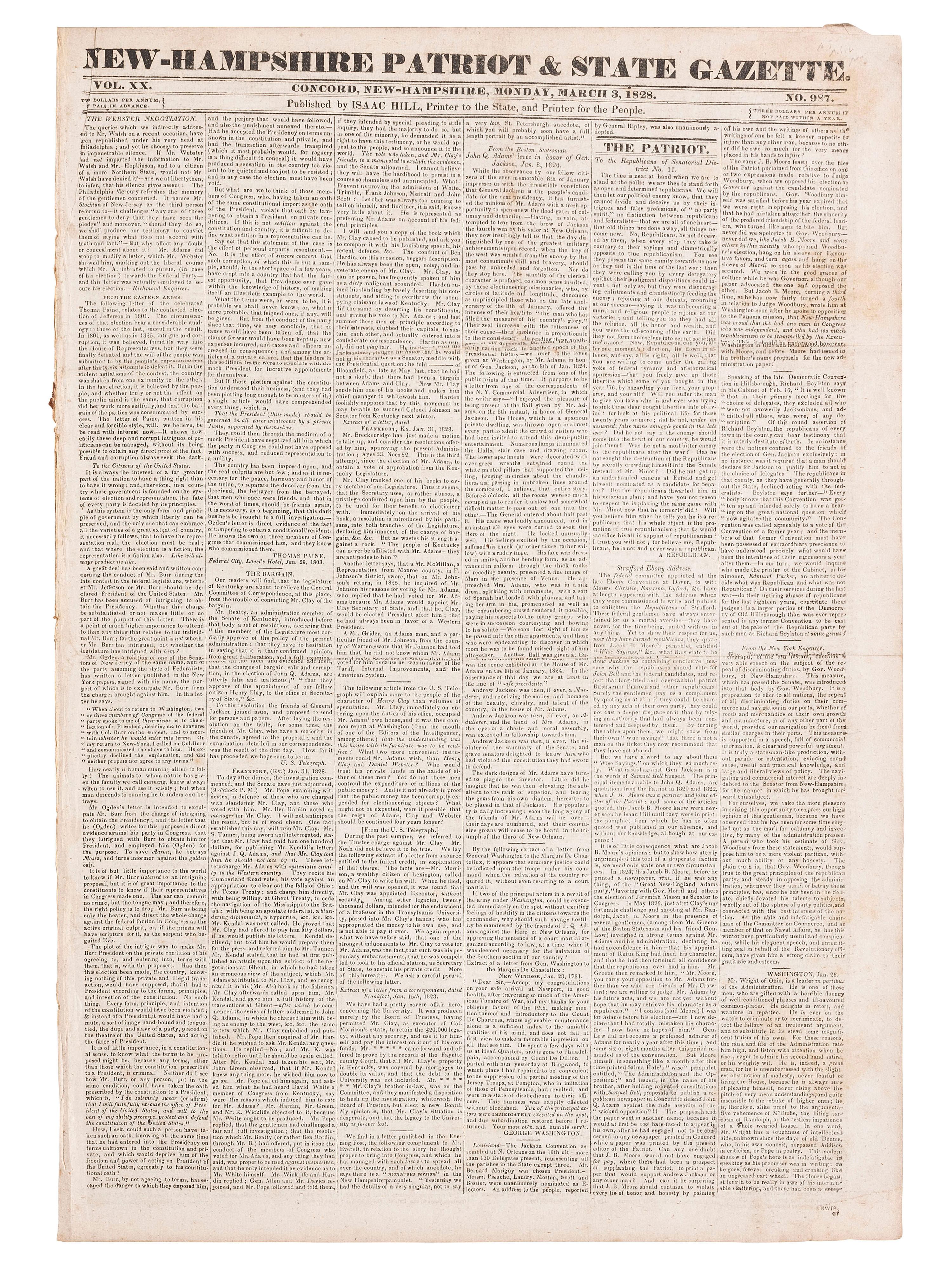 [WAR OF 1812]. New Hampshire Patriot and State Gazette . Concord, NH: 3 March 1828. Newspaper and single sheet supplement announcing Andrew Jackson's execution of six militia men.