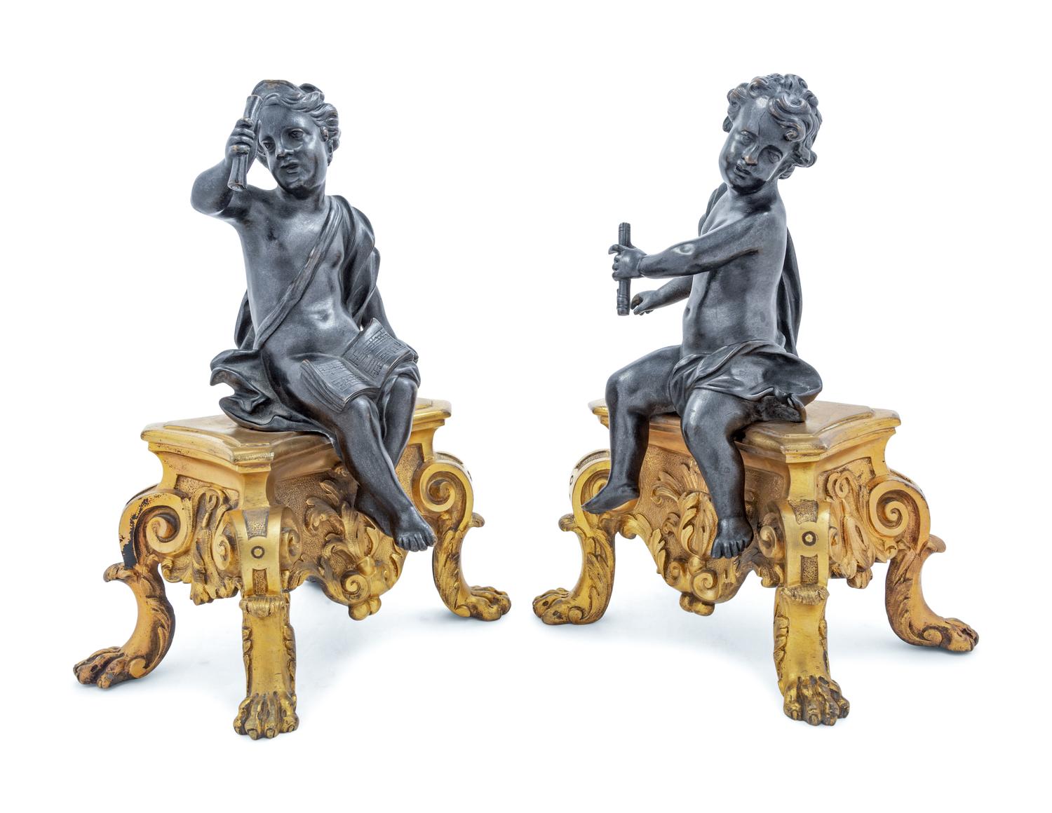 A Pair of French Gilt and Patinated Bronze Figural Chenets