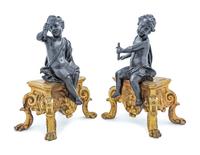 A Pair of French Gilt and Patinated Bronze Figural Chenets