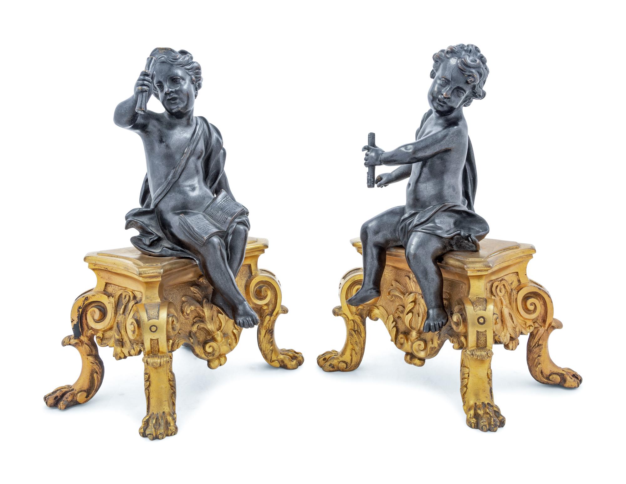 A Pair of French Gilt and Patinated Bronze Figural Chenets