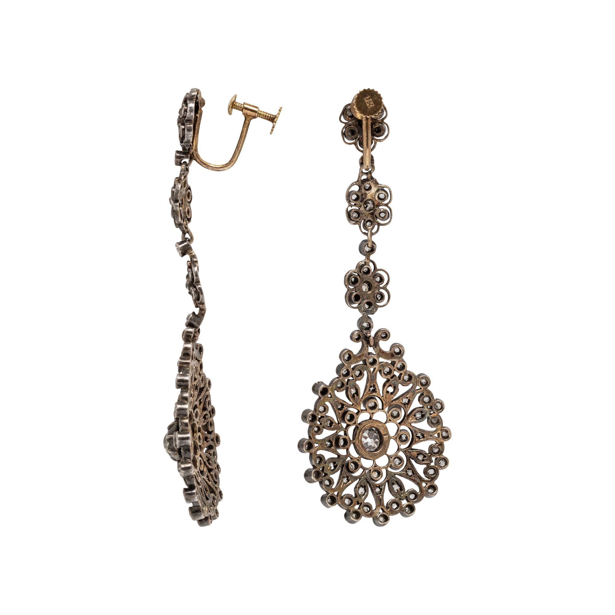 ANTIQUE, SILVER-TOPPED GOLD AND DIAMOND EARRINGS