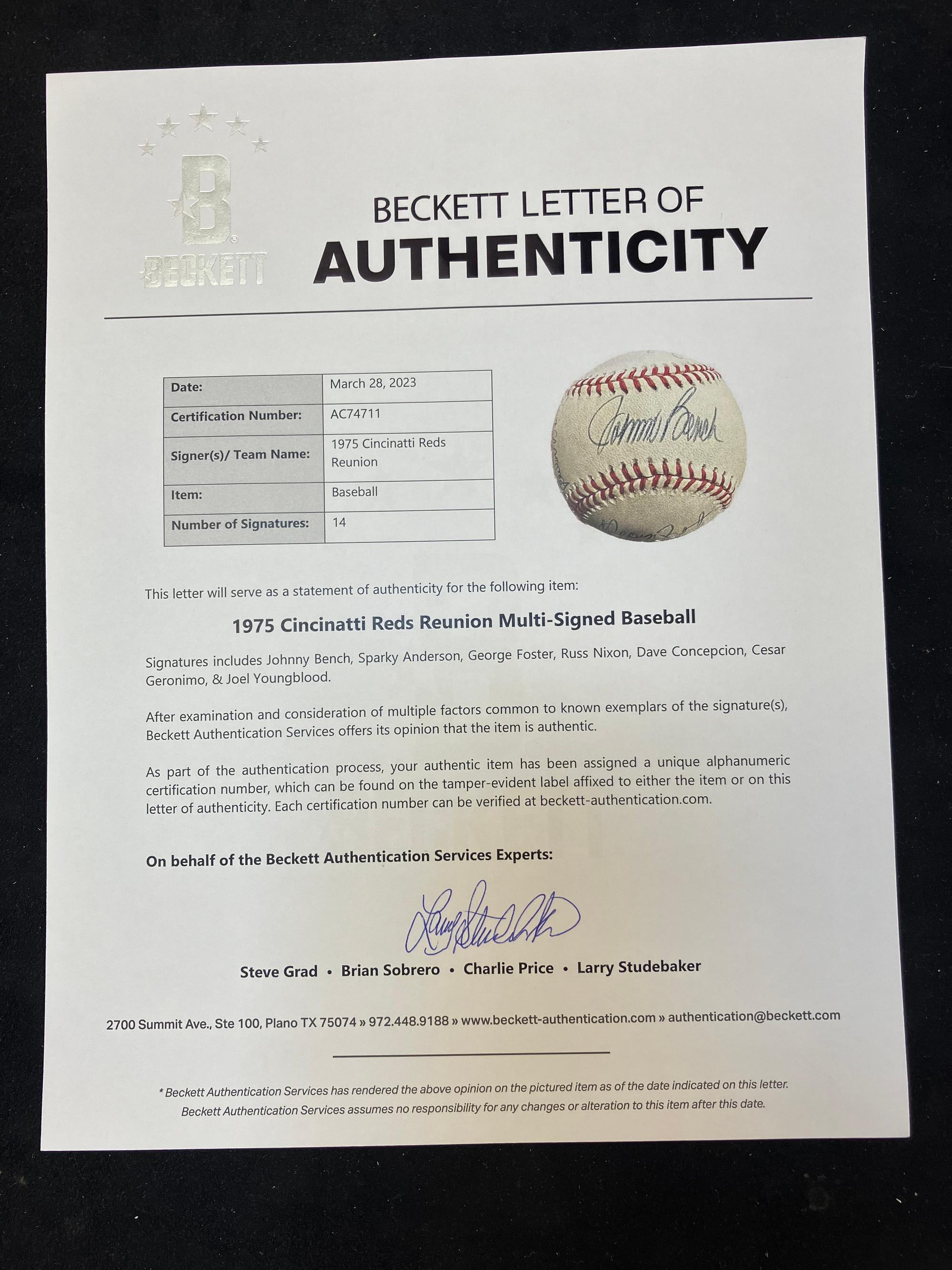 A 1975 Cincinnati Reds Team Signed Autograph Baseball Display (Beckett Authentication Services Letter),