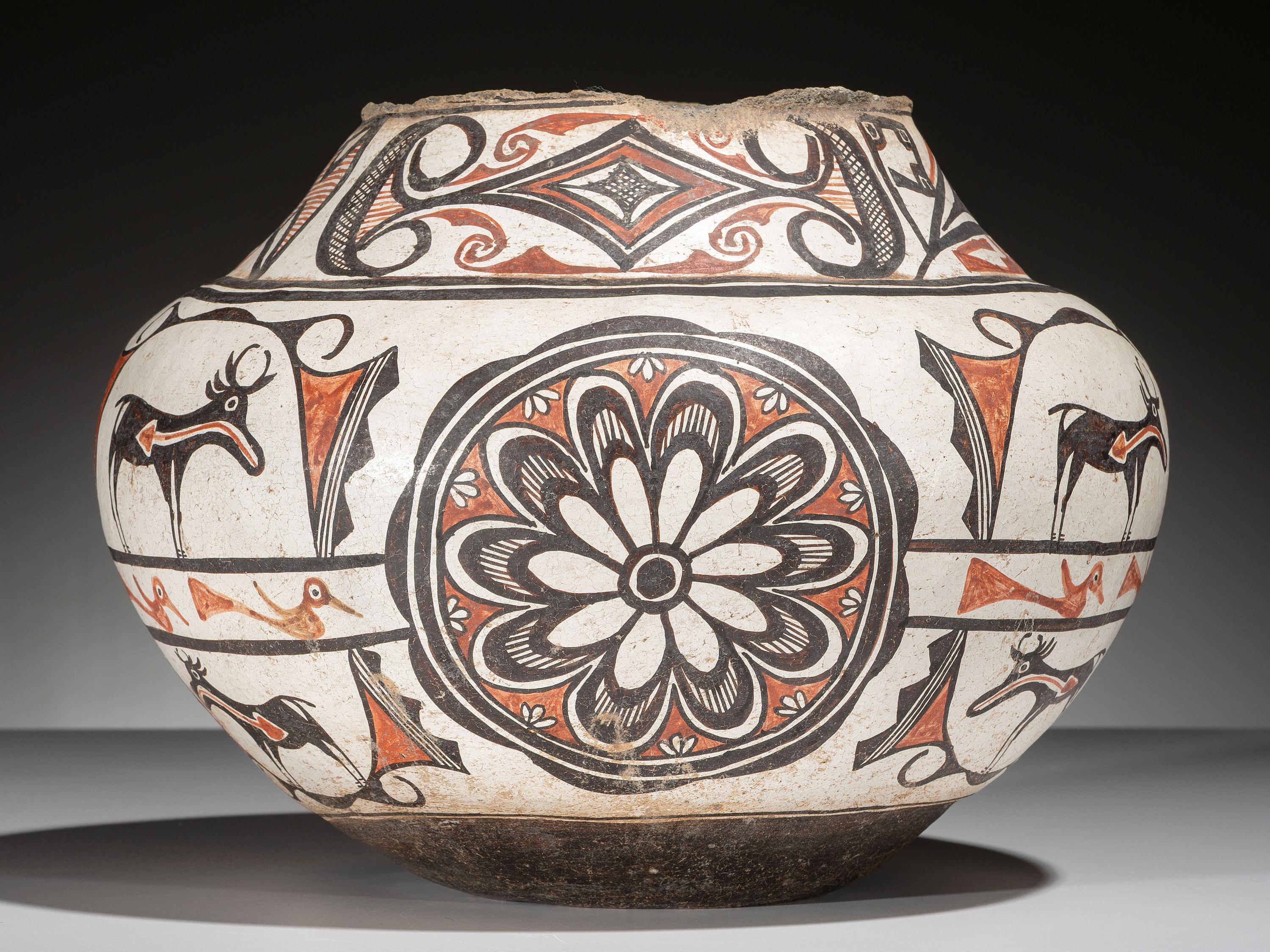 Zuni Polychrome Pottery Olla, with Heartline Deer