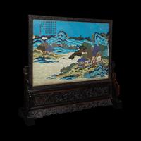 A Large Chinese Cloisonne Enamel and Carved Hardwood Wood Table Screen, 20th Century 近代 掐絲琺琅秋林書屋圖插屏