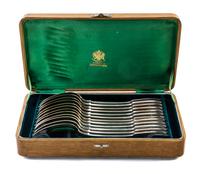 A Set of Twelve Russian Silver Table Spoons, Mark of Pavel Ovchinnikov with Imperial warrant, Moscow, 19th century, the fiddle handles