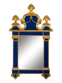 A Large Swedish Baroque Style Blue-Laquer and Parcel Gilt Mirror