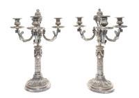 A Pair of Continental Silvered Bronze Three-Light Candelabra Height 16 1/2 inches.