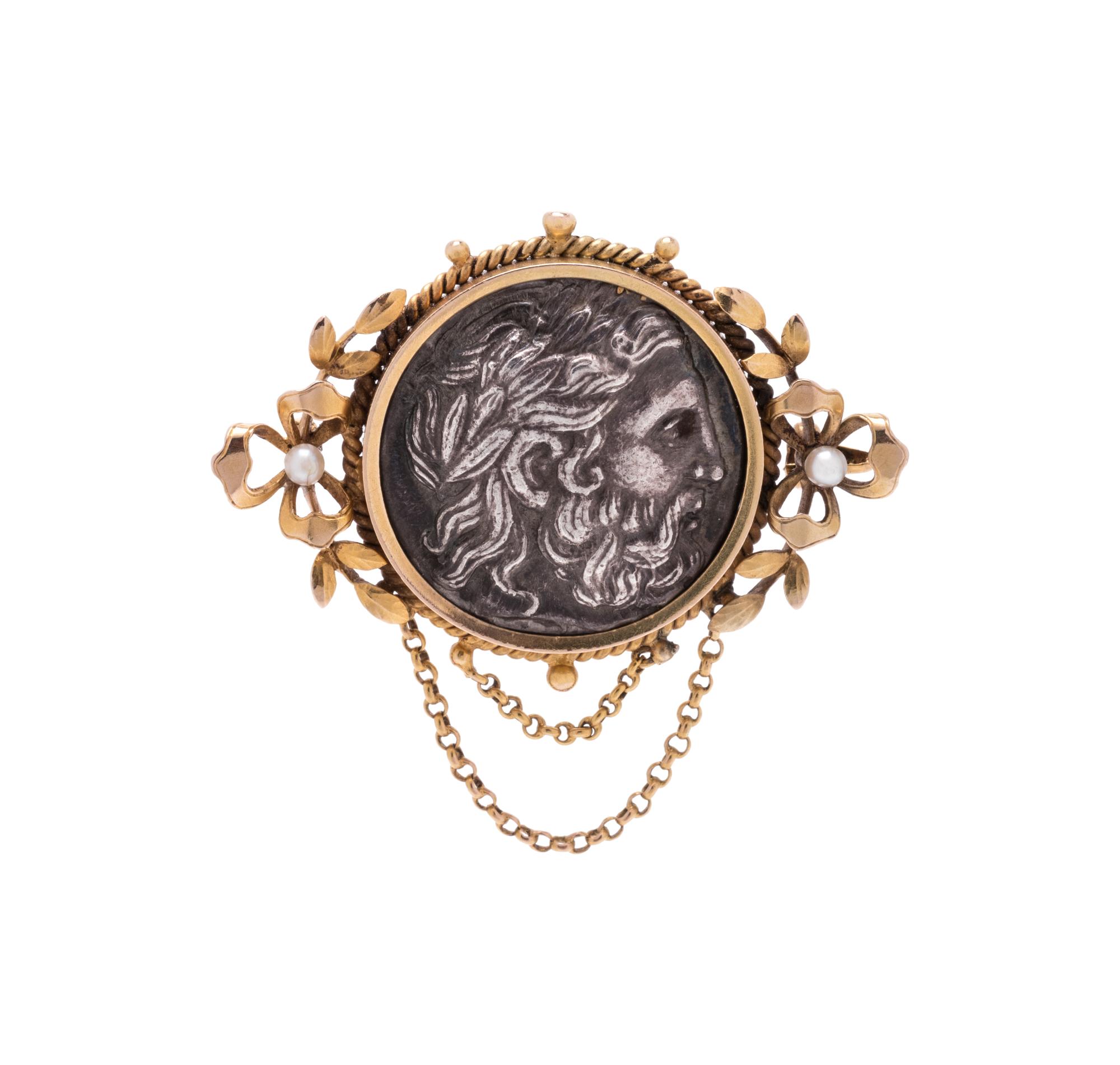 YELLOW GOLD AND GREEK COIN PENDANT/BROOCH