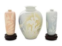 Three Japanese Slip-Decorated Porcelain Vases