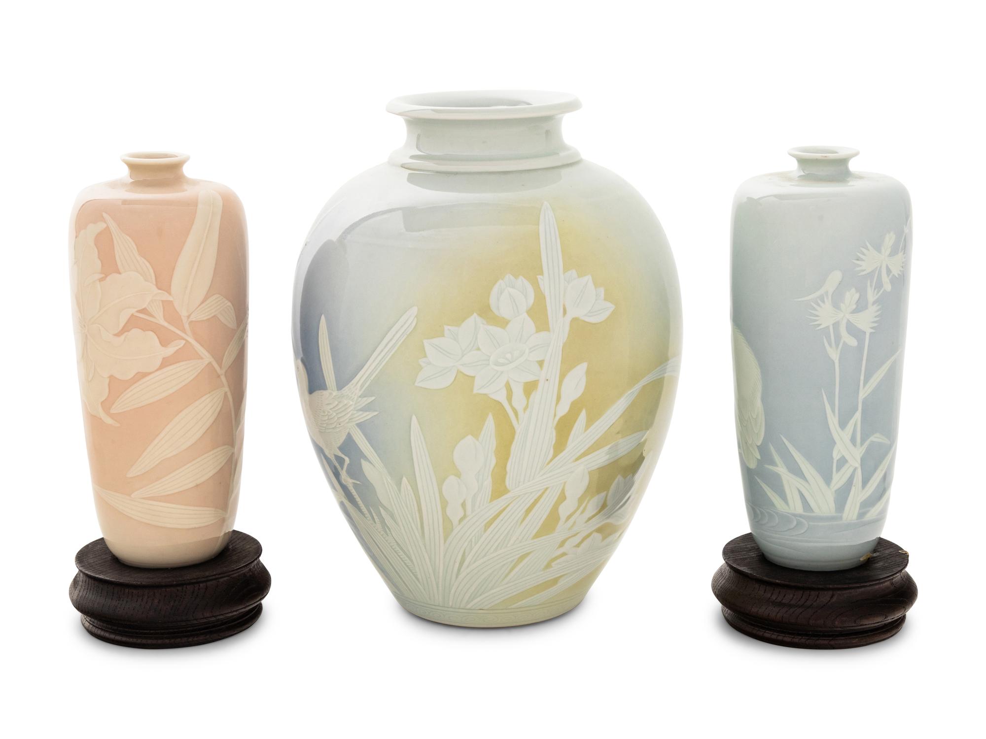 Three Japanese Slip-Decorated Porcelain Vases