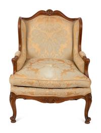 A Louis XV Style Carved Bergere Oreilles with Silk Damask Upholstery — 20TH CENTURY