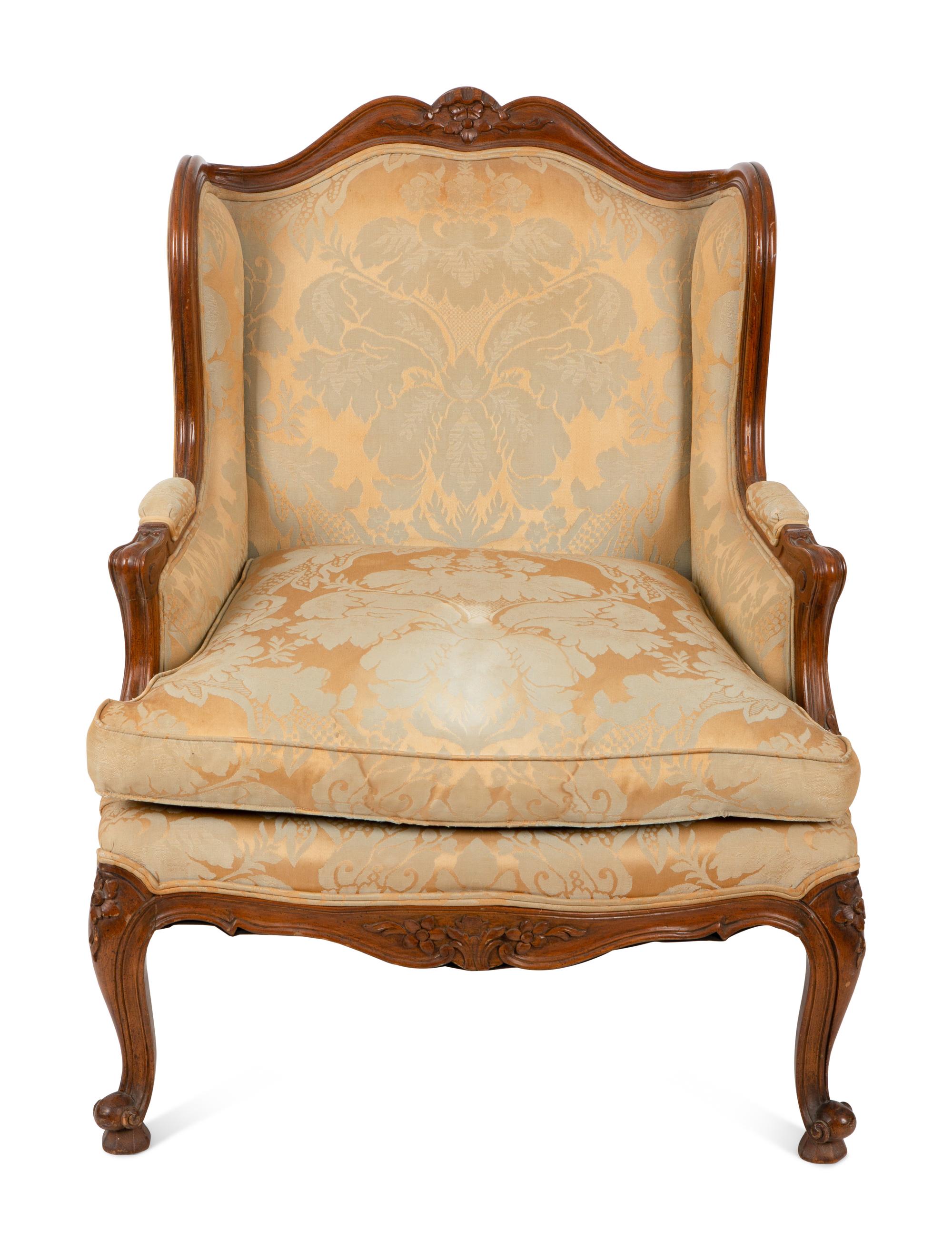 A Louis XV Style Carved Bergere Oreilles with Silk Damask Upholstery — 20TH CENTURY