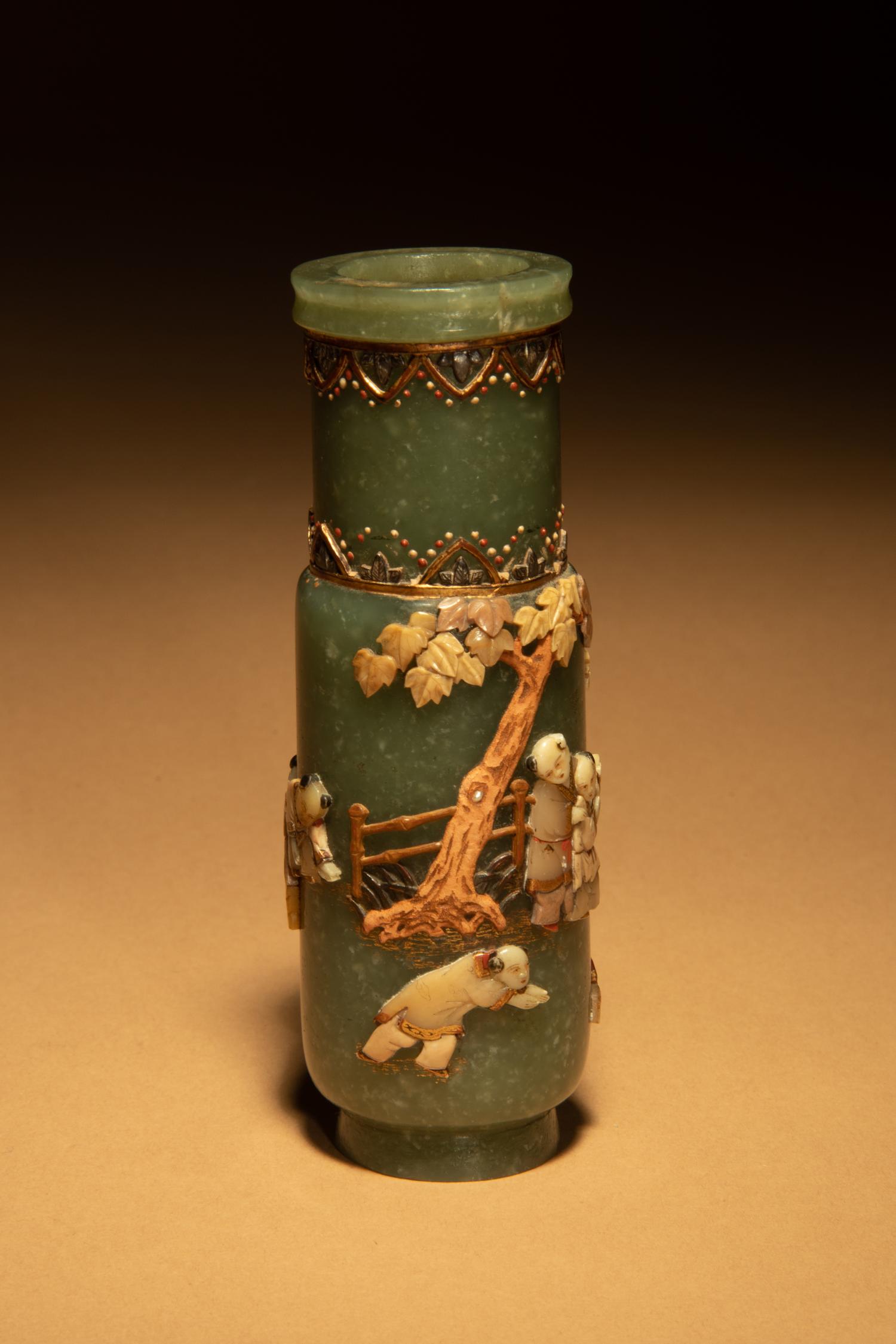 A Hardstone Embellished Spinach Jade Incense Vase