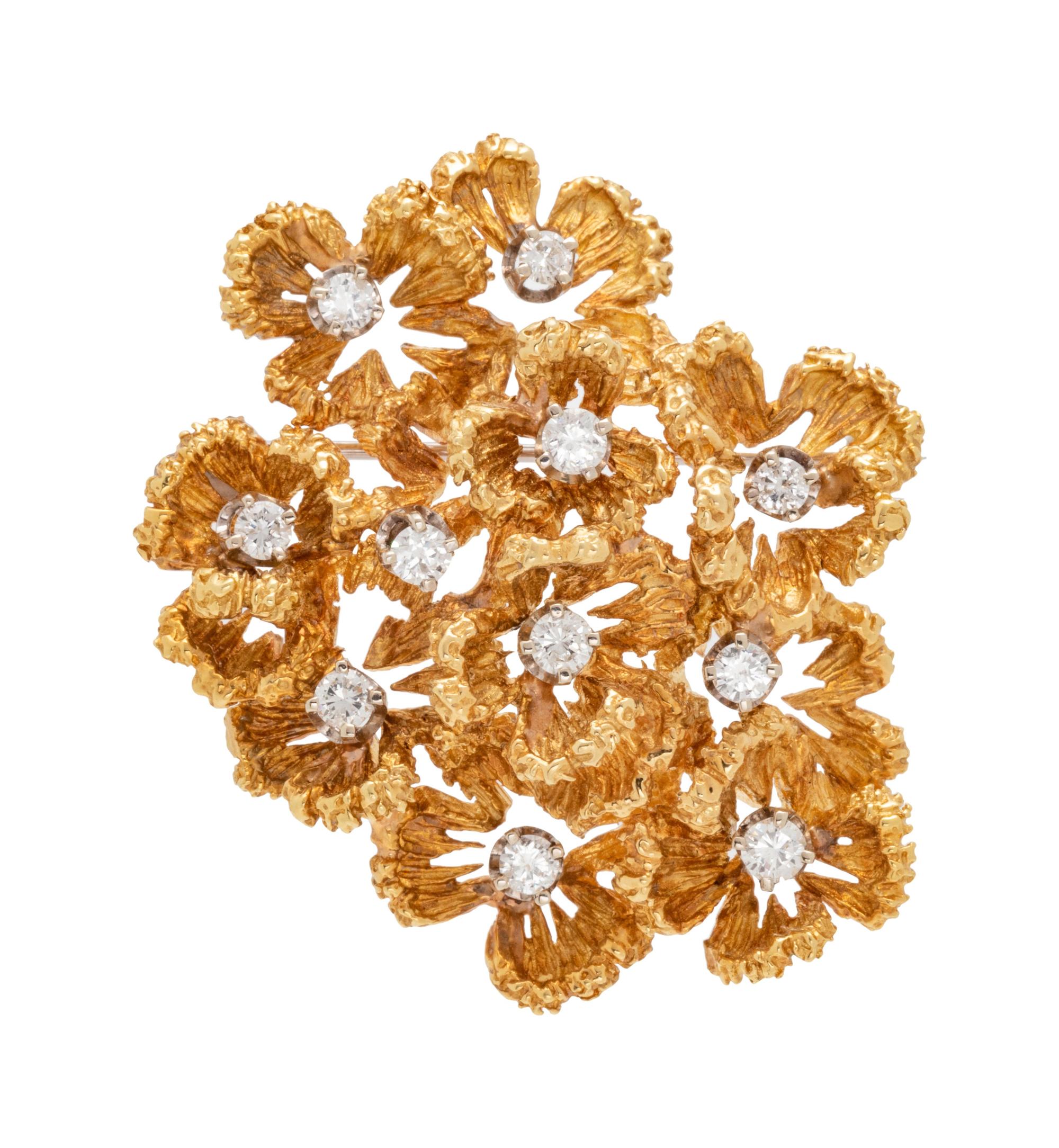 BICOLOR GOLD AND DIAMOND FLOWER MOTIF BROOCH