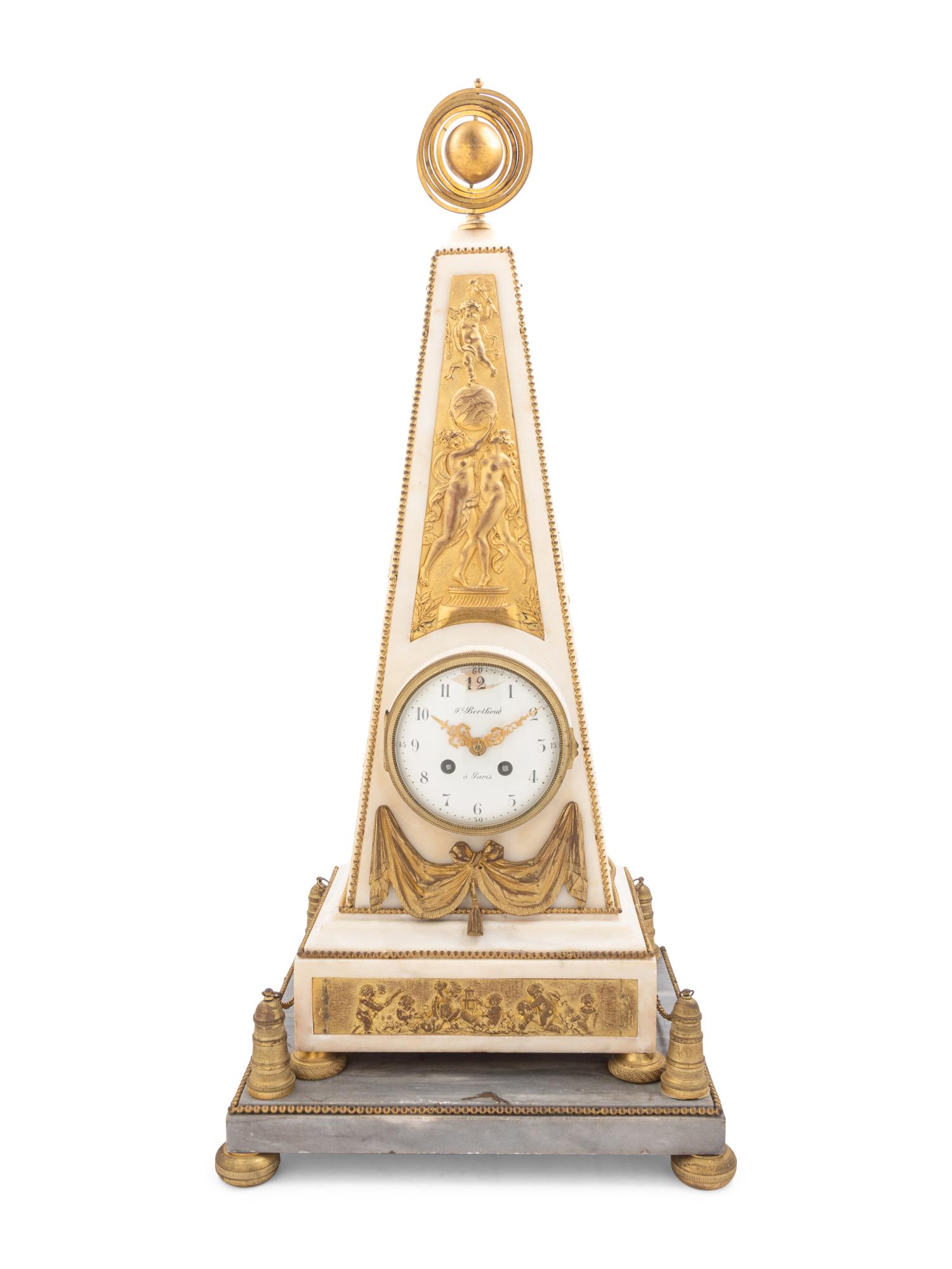 A Late Louis XVI or Directoire Gilt Bronze and Marble Obelisk Clock and Stand